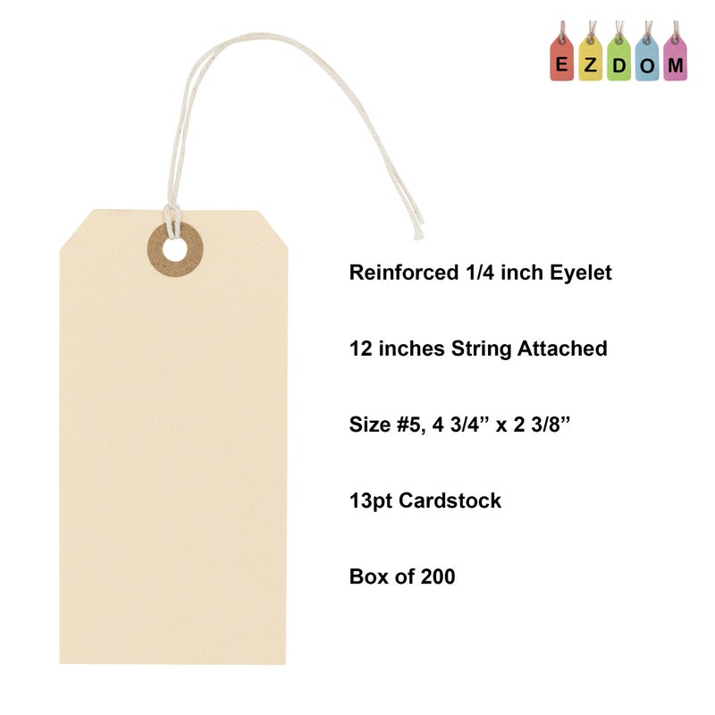 EZDOM Premium Manila Tags with String - Box of 200 Tags #5-4.75â€ x 2.375" - 13pt Paper Tags for Labeling with Reinforced Eyelet and String Attached - Image 2